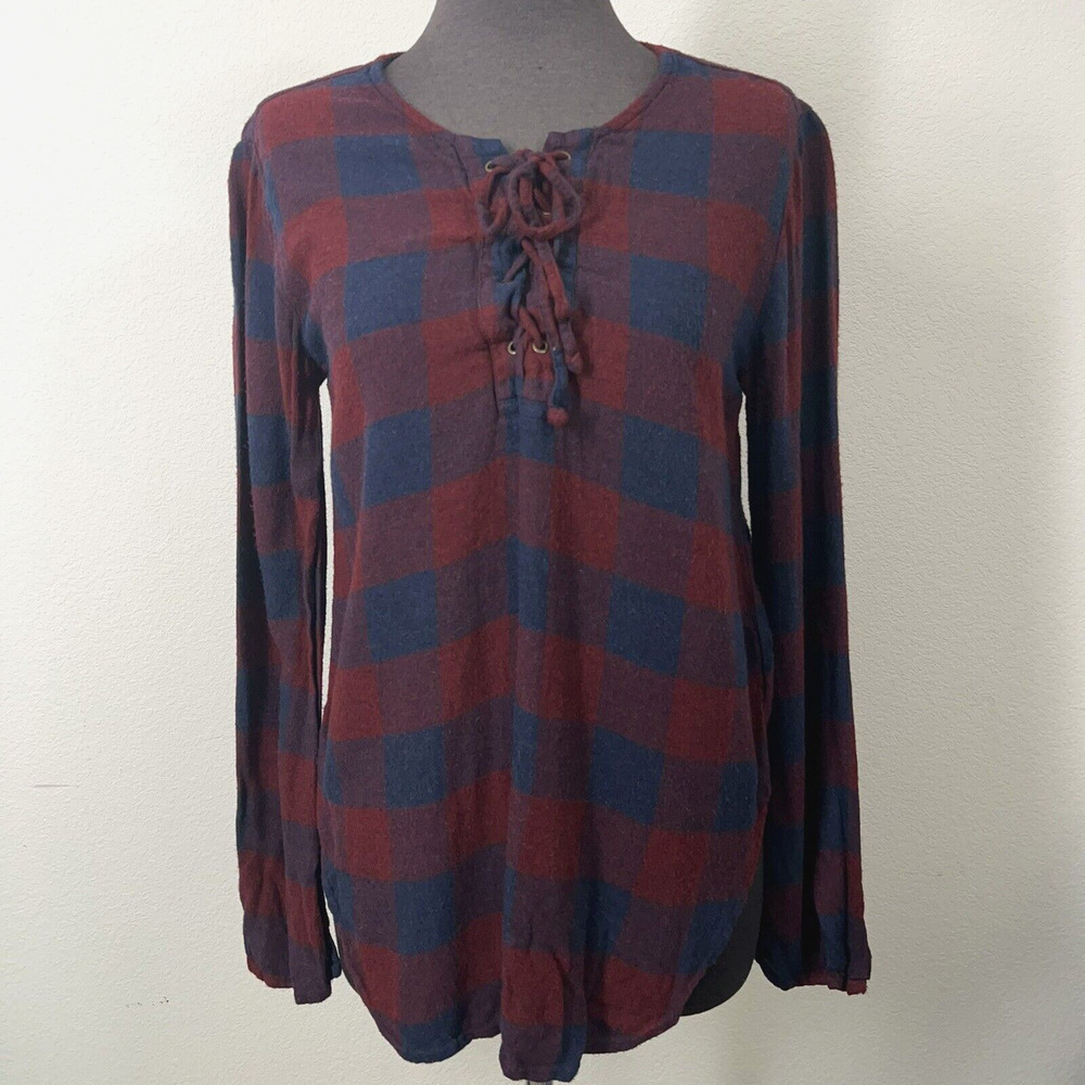 Cloth & Stone Blouse Women XS Red Flannel Long Sleeve Pullover Lace Up Front